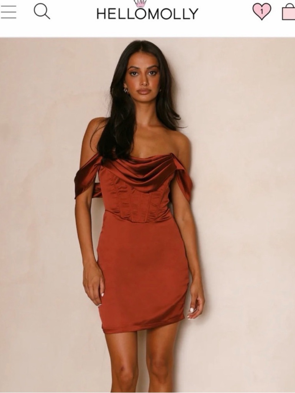 Hello Molly Rust Satin Off-Shoulder Mini Dress